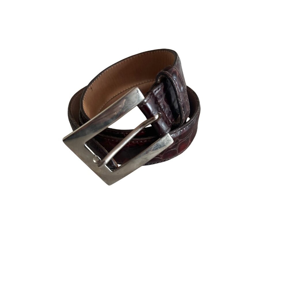 Avignon Leather Belt Crocodile Embossed Burgundy Silver Buckle Size M Made In US